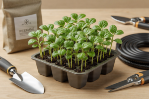 Agricultural products including seedlings, drip irrigation pipes, and farming tools arranged attractively.