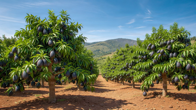 Lush avocado farm with healthy trees and ripe fruit under a bright sun.